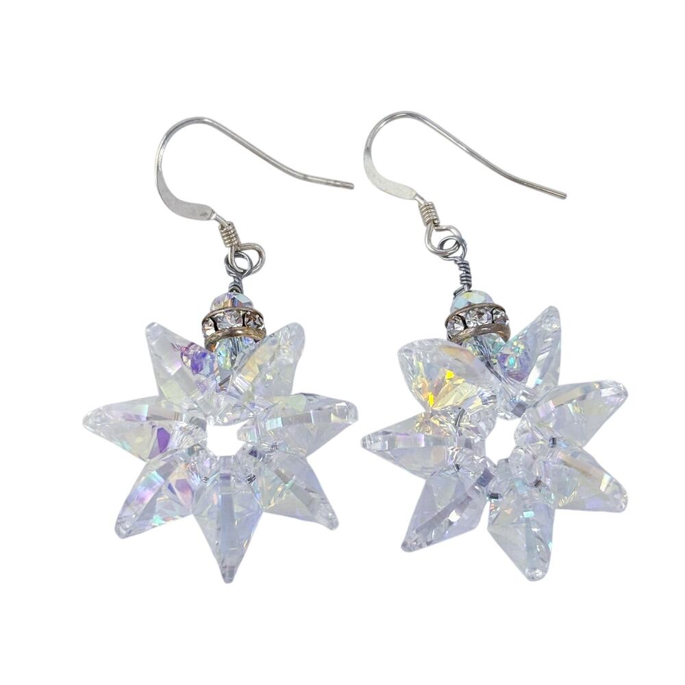 Vintage Sterling Silver 925 Aurora Borealis AB Crystal Star Dangle Earrings